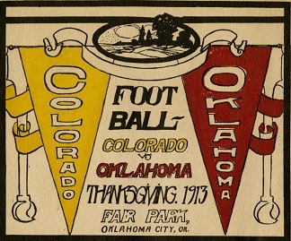 An advertisement for a football game on Thanksgiving 1913 between Colorado and Oklahoma
