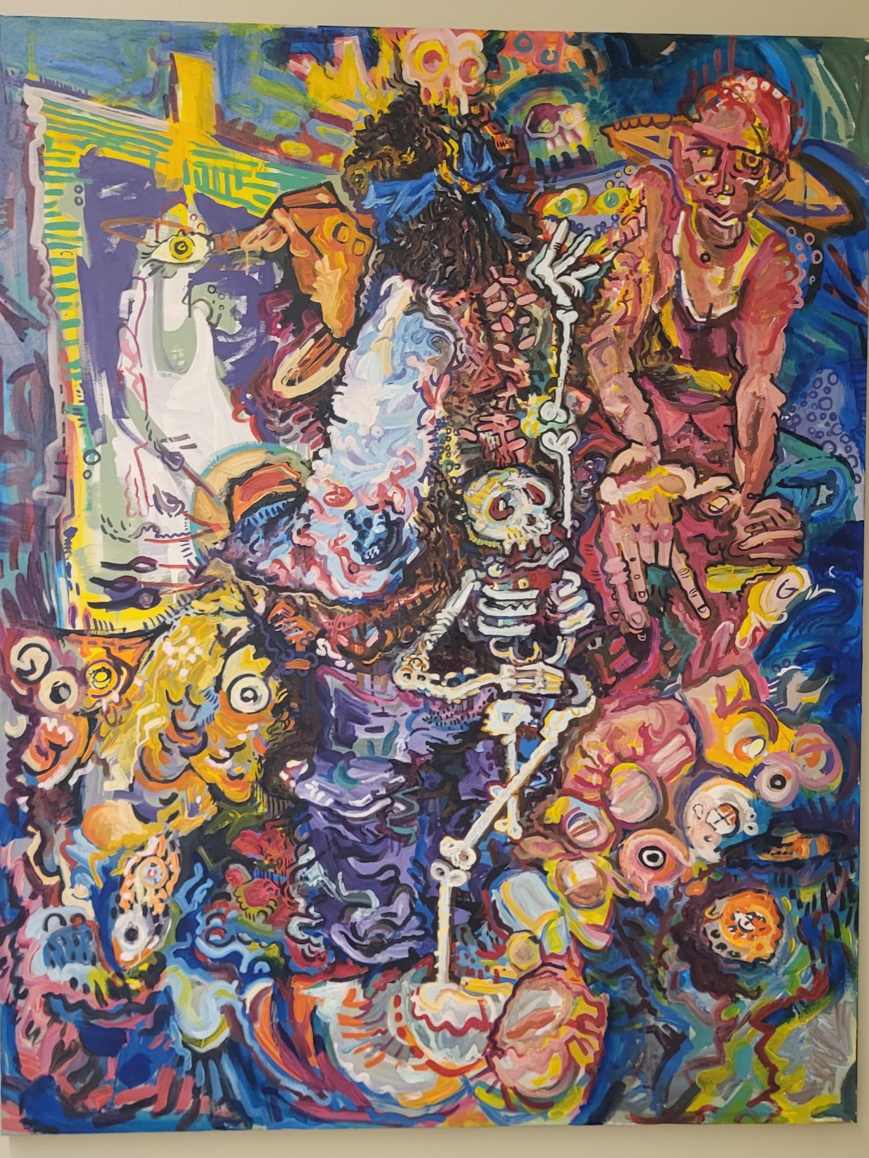 Colorful abstract painting depicting a surreal scene with vibrant, swirling patterns. Central figures include a skeleton and human-like forms amidst chaotic shapes. The atmosphere is dynamic and intense. 