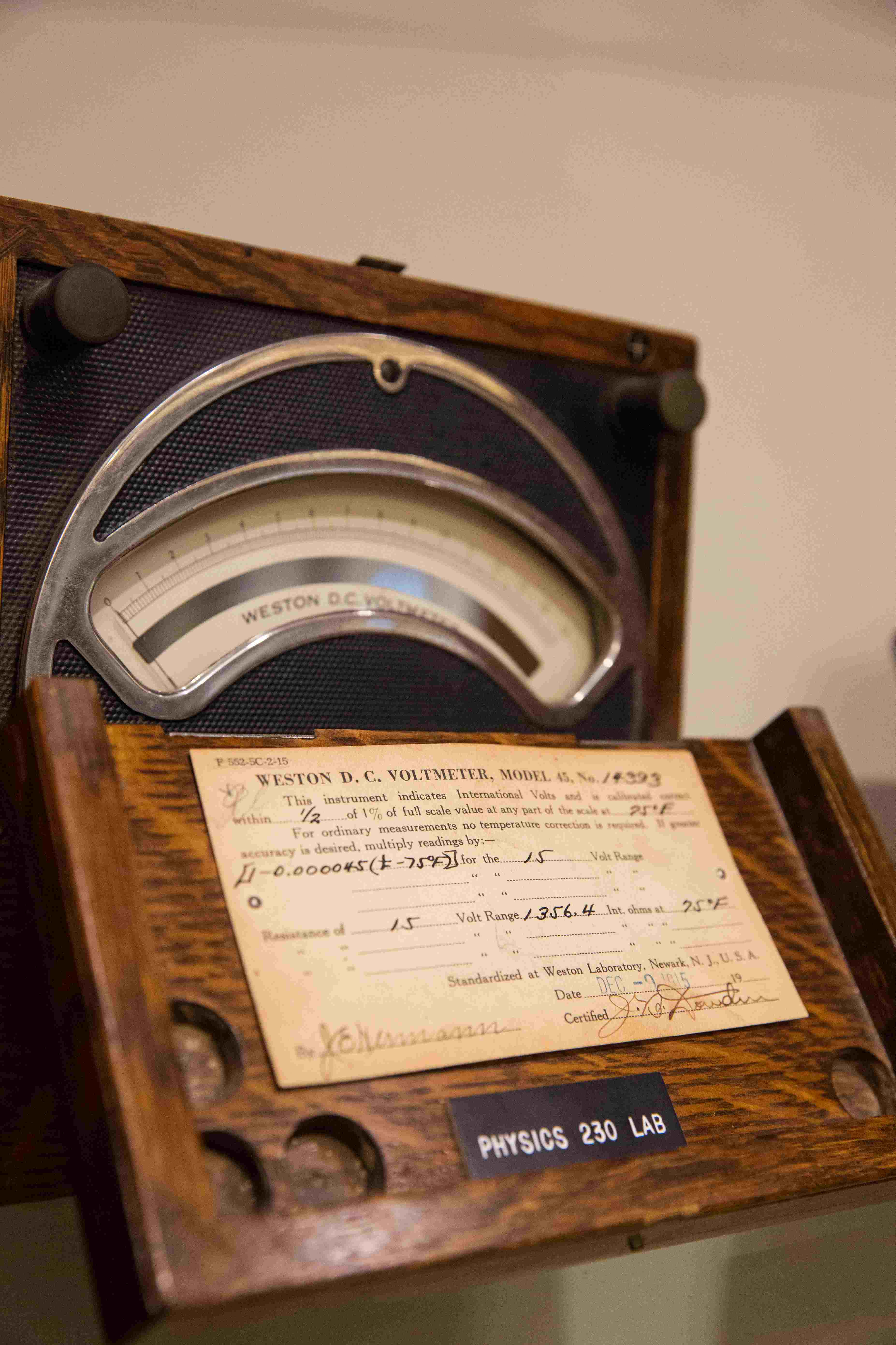 A voltmeter from the special research collections. The card on the front is dated 1915. 