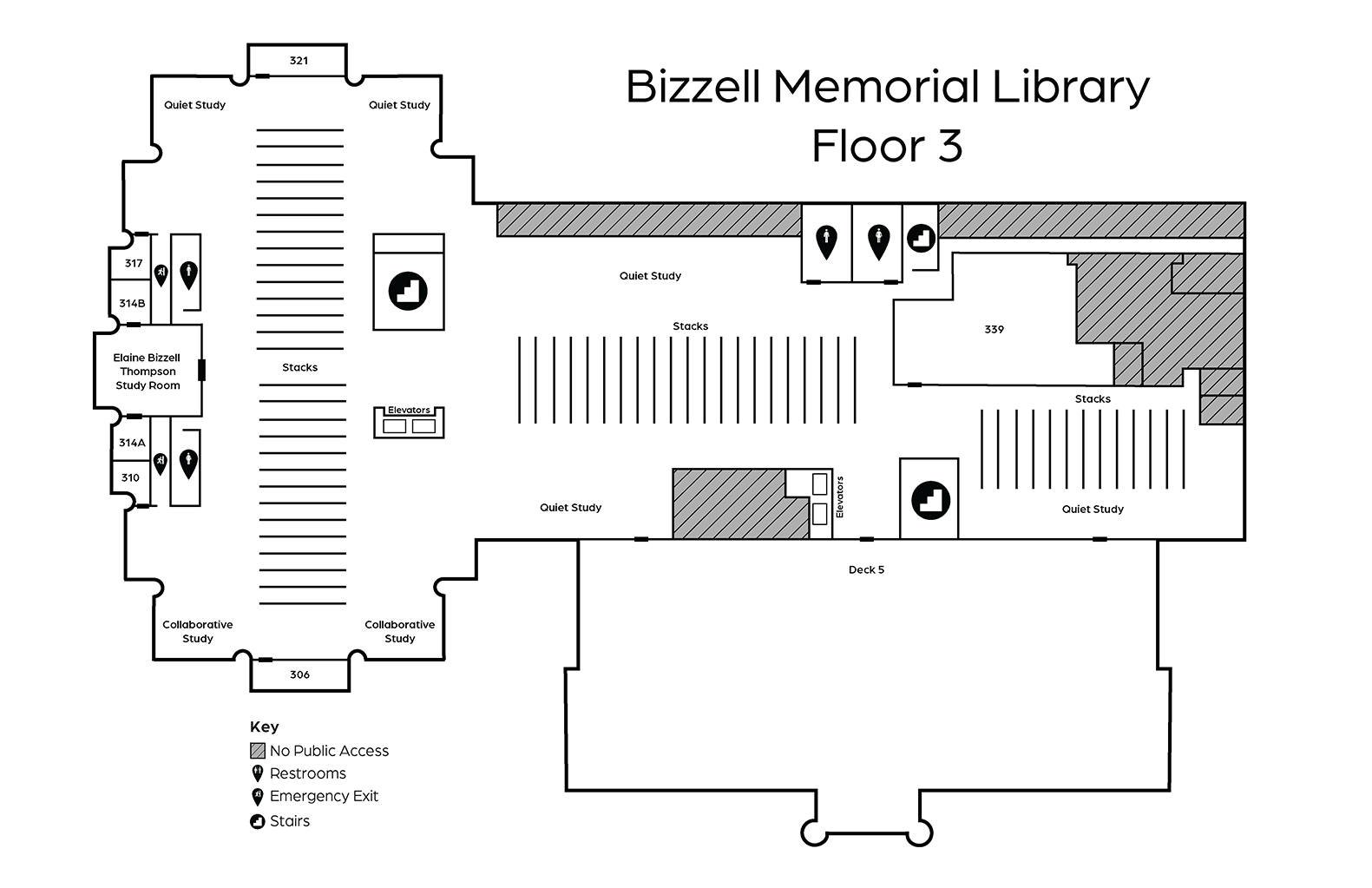 The following spaces are labeled in a clockwise direction from the top of the page, which is the north end of the building: Quiet study area, Stacks, Room 339, Stacks, Quiet study area, Deck 5 (Biographies), south elevators, Quiet study, Collaborative study, center elevators, the Elaine Bizzell Thompson Study Room, Stacks, Quiet study area. 