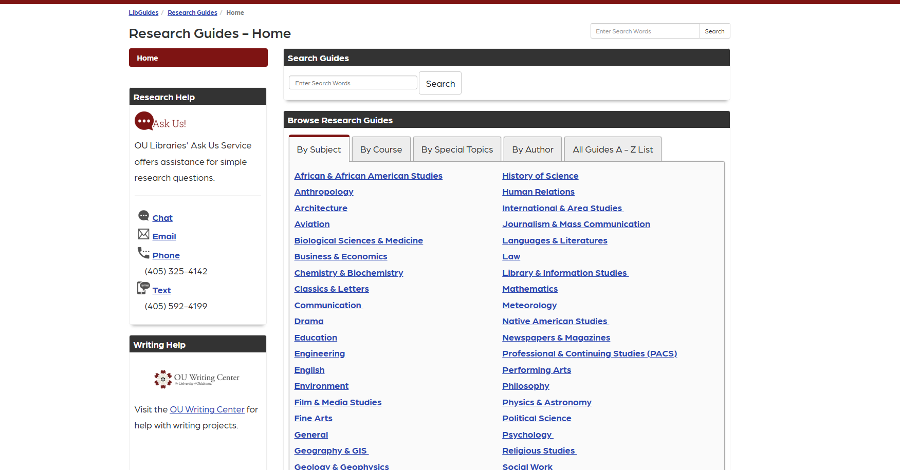 Screenshot of the Libraries LibGuides landing page showing guides by subject 