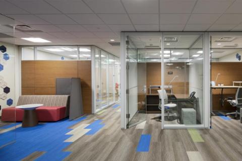 The Data Services office with an open seating meeting area on the left and straight and to the right, glass walls and doors separate offices with desks, chairs and computer inside each office. 