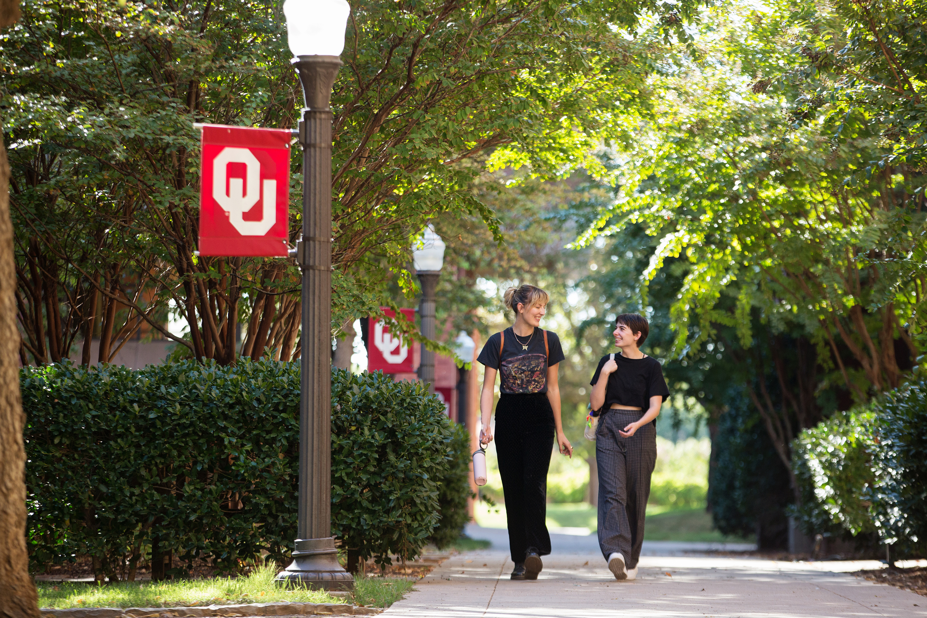 Two students are walking down the sidewalk outside. There are beautiful, green trees and bushes on either side and lining the left side of the sidewalk are light poles with crimson banners with OU on them in white text.