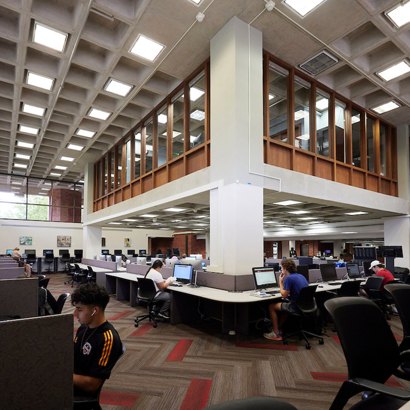 A spacious library computer lab with people using desktop computers. The room has a high ceiling, large windows, and a focused, quiet atmosphere.