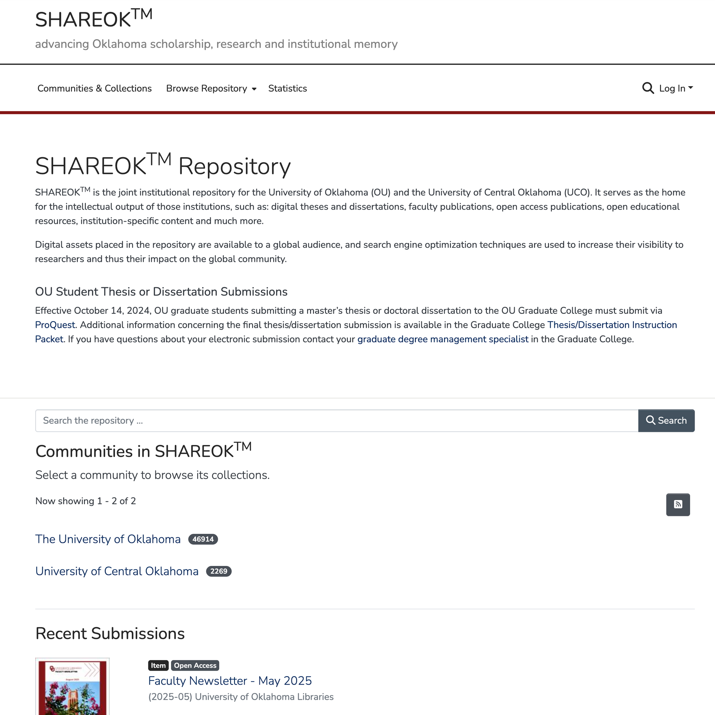 SHAREOK Institutional Repository homepage features the logo in the top left corner, the navigation bar going across the screen below the banner, followed by introductory information and a search bar.