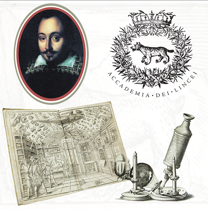 Oval antique portrait of Charles Darwin, Accademia dei Lincei emblem, detailed old book illustration of a study, and antique scientific instruments.