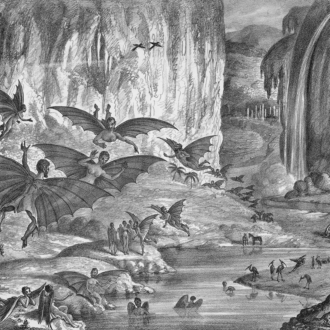 Pencil drawing of a fantasy scene with humanoid figures having bat-like wings, flying and sitting near a waterfall and cliffs with a river winding between. The setting feels mystical and surreal.