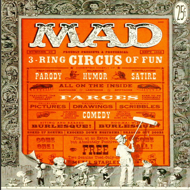 Cover of a 1956 Mad magazine featuring a circus theme. Bold "MAD" title; vivid orange background with playful text like "parody" and "satire." Cartoon figures illustrate whimsy.