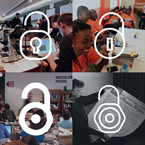 4 blocks of images of of people in the background overlayed with white lock icons in each block.