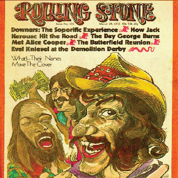 Illustrated cover of "Rolling Stone" magazine, March 1973. Features three cartoonish characters joyfully laughing, one holding cash, in vibrant colors.