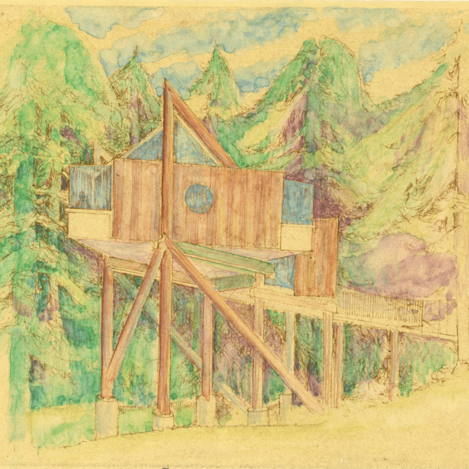 Illustration of a wooden treehouse supported by tall stilts in a lush forest. Mountains rise in the background, creating a serene, secluded atmosphere.
