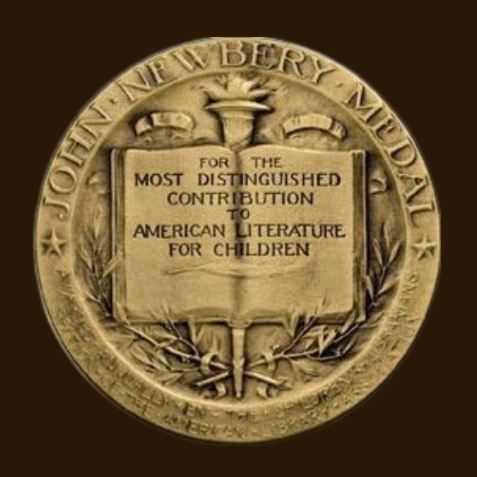 Gold medal with "John Newbery Medal" around top edge. Central embossed book reads "For the most distinguished contribution to American literature for children."